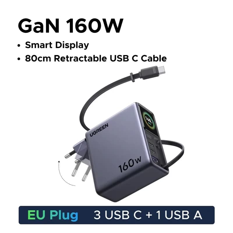 ที่ชาร์จ GaN 160W พร้อมสายม้วนเก็บและหน้าจอสถานะ
