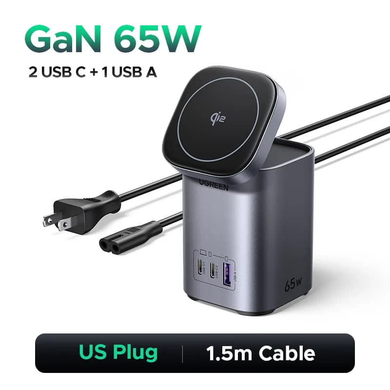 แท่นชาร์จ GaN บนโต๊ะ 65W พร้อมฐานวางไร้สาย Qi2