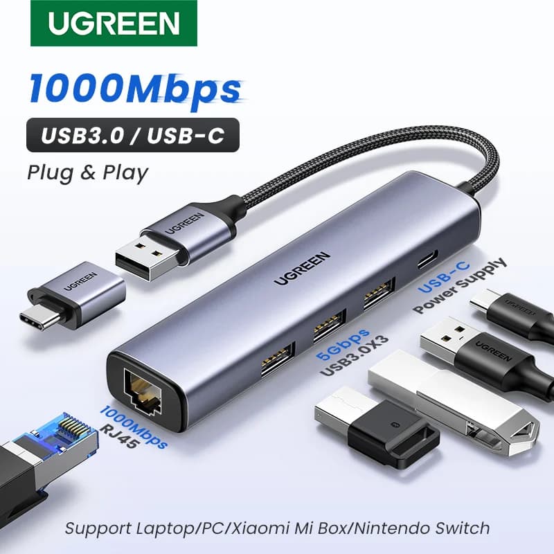 อะแดปเตอร์ Ethernet USB-C พร้อม RJ45 1000Mbps และ USB Hub