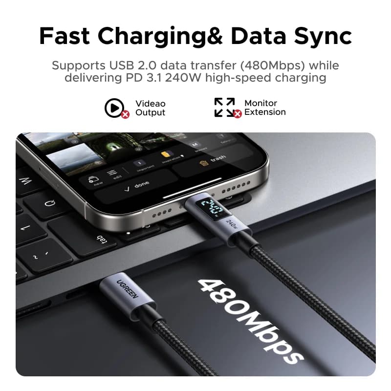 สาย USB-C 240W พร้อมจอแสดงผลกำลังไฟดิจิทัล