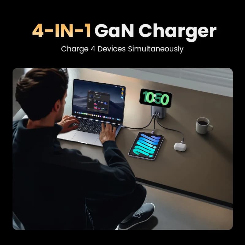 แท่นชาร์จ GaN บนโต๊ะ 65W พร้อมฐานวางไร้สาย Qi2