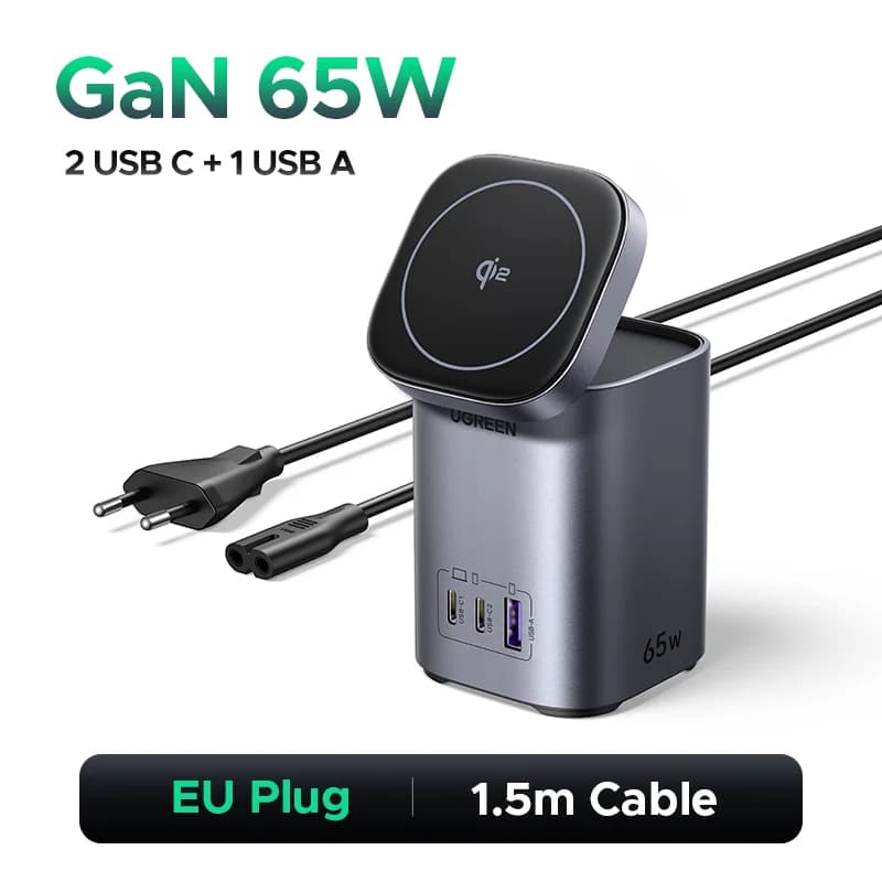 แท่นชาร์จ GaN บนโต๊ะ 65W พร้อมฐานวางไร้สาย Qi2