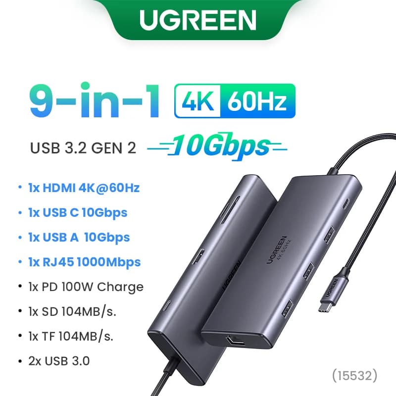 USB-C Hub รองรับ HDMI 4K, Ethernet, SD/TF, ชาร์จเร็ว PD 100W
