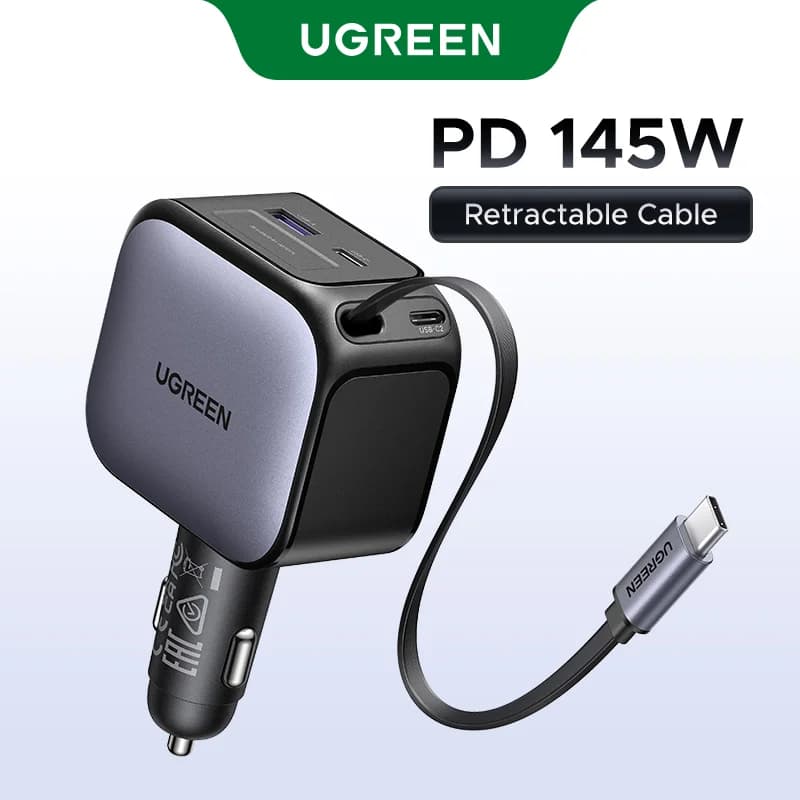 ที่ชาร์จในรถยนต์ 145W พร้อมพอร์ต USB-C 3 ช่องและสายม้วนเก็บอัตโนมัติ