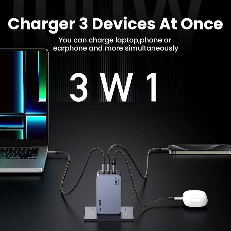 อะแดปเตอร์ชาร์จผนัง GaN USB-C 100W, QC4.0