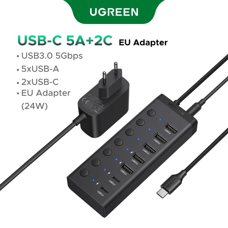 ฮับ USB 3.0 แบบ 7 พอร์ต พร้อมอะแดปเตอร์จ่ายไฟ DC