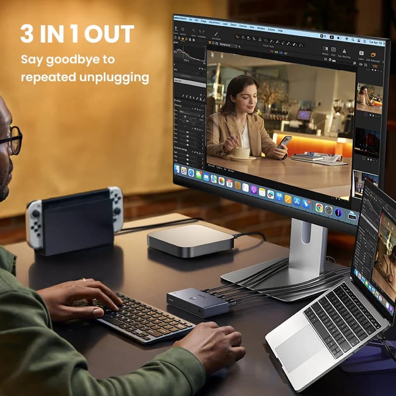 สวิตช์ HDMI 2.1 3-in-1 Out รองรับ 8K พร้อมรีโมท