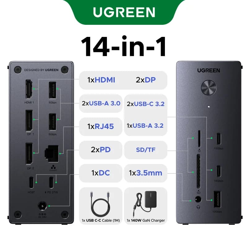 แท่นชาร์จ Docking Station USB-C 14-in-1, จอสามจอ, 10Gbps
