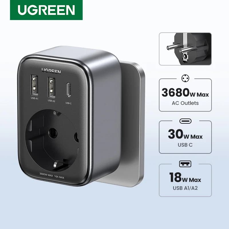ที่ชาร์จ GaN PD 30W พร้อมช่องเสียบ AC และพอร์ต USB