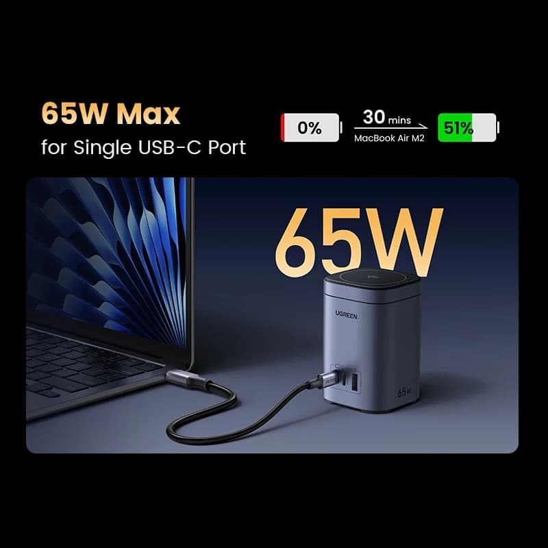 แท่นชาร์จ GaN บนโต๊ะ 65W พร้อมฐานวางไร้สาย Qi2